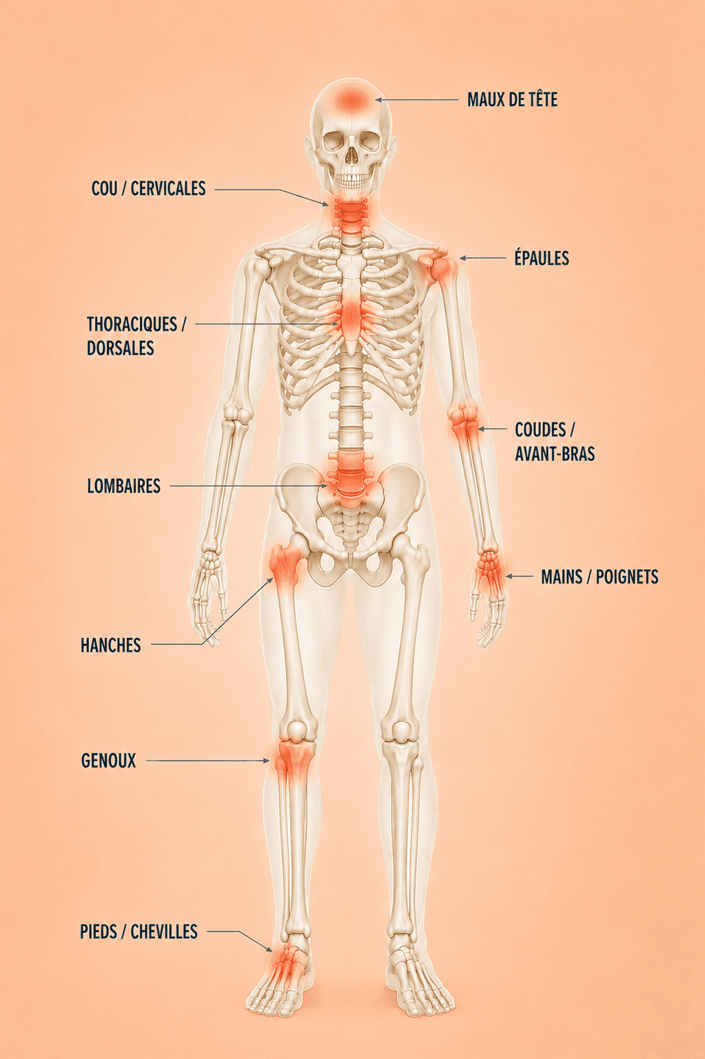 Schéma du squelette indiquant les zones du corps fréquemment prises en charge en chiropraxie : tête, cou, dos, épaules, coudes, mains, hanches, genoux et pieds